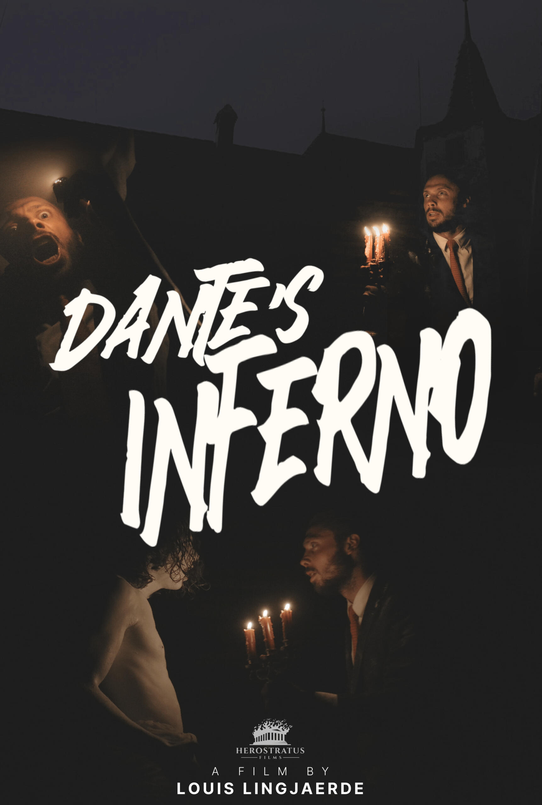 A black and white illustrated poster for Dante's Inferno, with a haunted house in the middle and a pale devil creature in the middle.