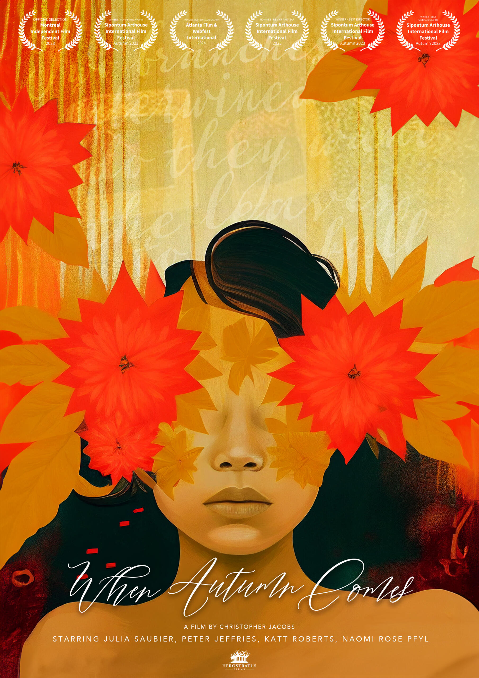 The poster for When Autumn Comes, many strips of images of Julia Saubier and Peter Jeffries in black and white, with an orange tone and artsy vibe