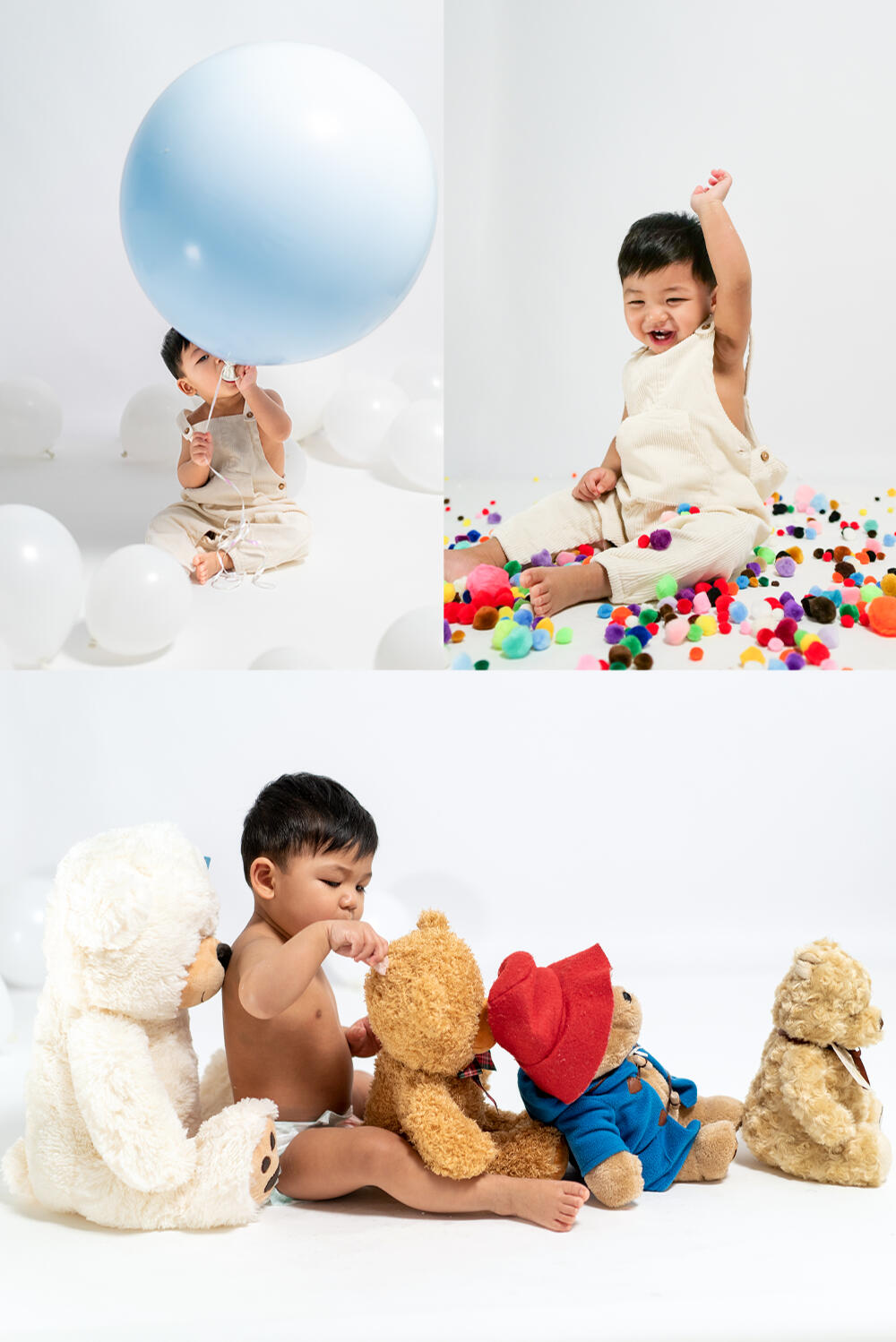 Asian baby boy playing with balloons, bears and colourful fluffy balls, very happy